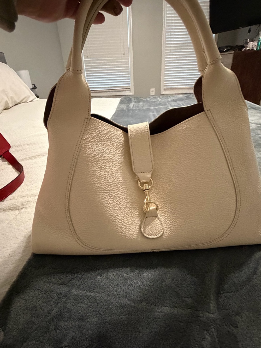 Cream Leather Tote Bag with Gold Hardware